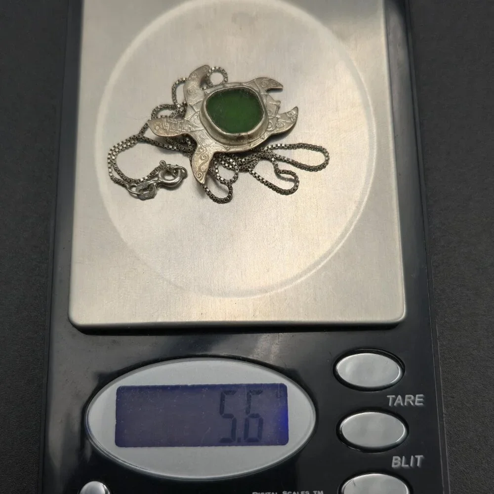 18 Inch Sterling Silver Green Sea Glass Turtle Pendant Necklace A6101 - Picture 7 of 7